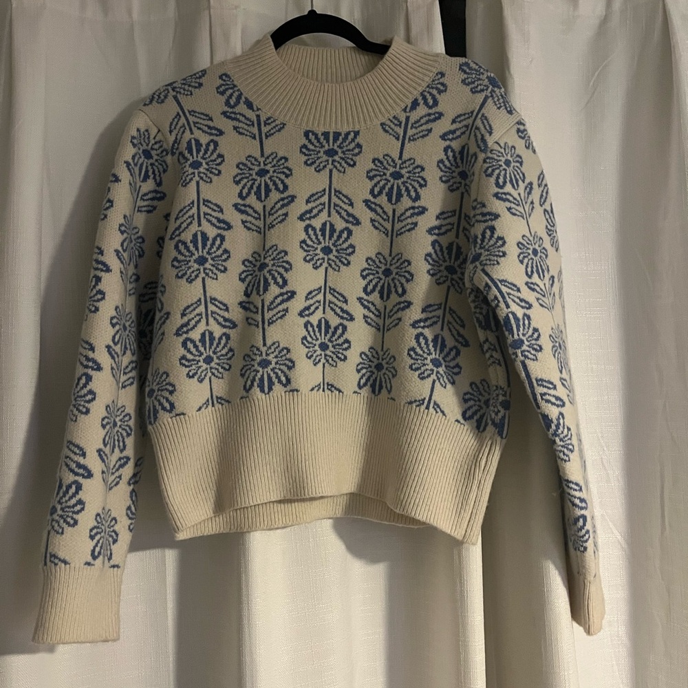 Floral Patterned Cream and Blue Sweater